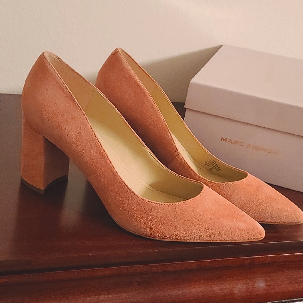 Blush suede pumps